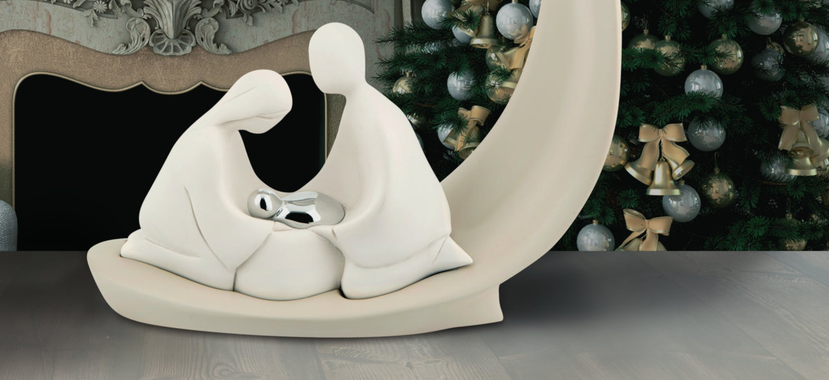 MAZZOLA LUCE Statuina Piccolo presepe Natale Moderno Nascita natività Bianco Argento Diviso in 2 Pezzi 9x11cm Stilizzato 